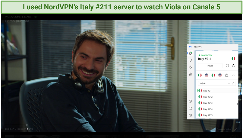 Screenshot showing Viola streaming on Canale 5 with NordVPN connected