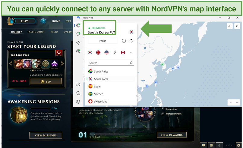 Screenshot of NordVPN's Windows app while playing League of Legends