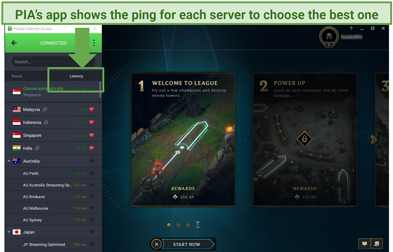 Screenshot of League of Legends' main menu with Private Internet Access' server list.