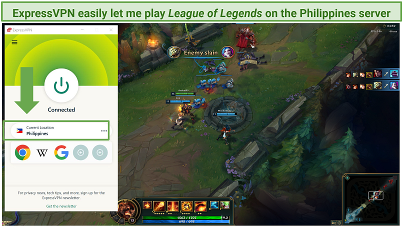 Screenshot of League of Legends being played with ExpressVPN connected to Philippines server.