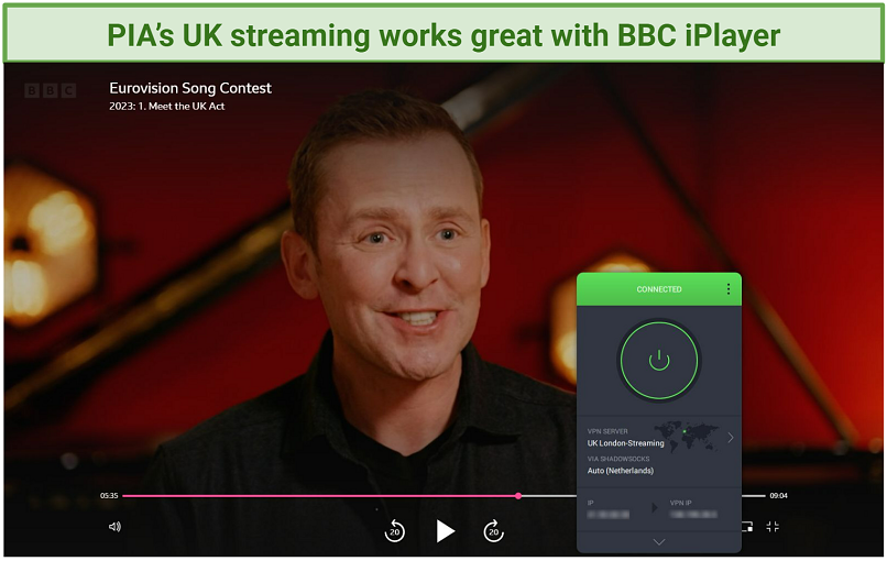 Screenshot showing Mae Muller’s interview with Scott Mills playing on BBC iPlayer with PIA connected to the UK-London Streaming server