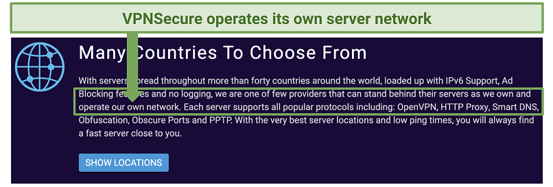 Screenshot of VPNSecure's website page screenshot talking about its server network and security features