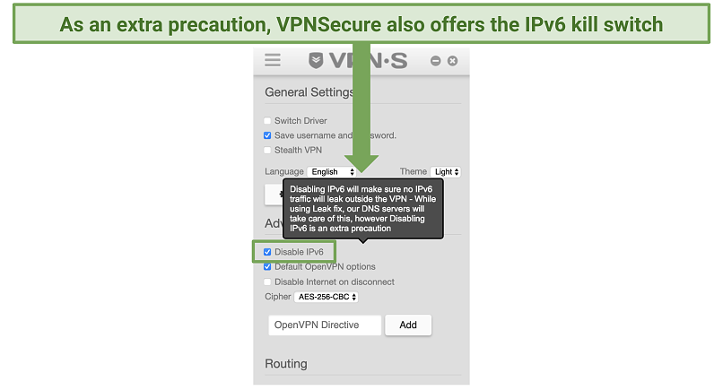 Screenshot of security features inside the Advanced Settings menu of the VPNSecure's app