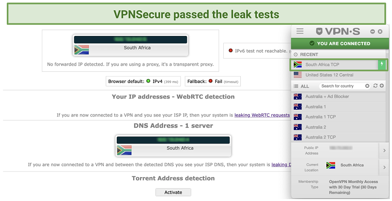 Screenshot of a passed leak test using VPNSecure