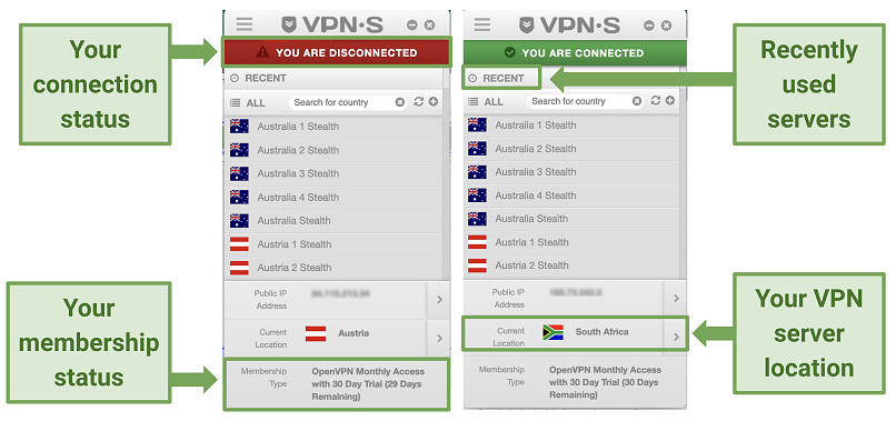Screenshot of VPNSecure's app interface