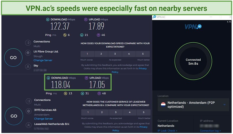 Screenshot of Ookla speed tests done while connected to VPN.ac's London server and with no VPN connected