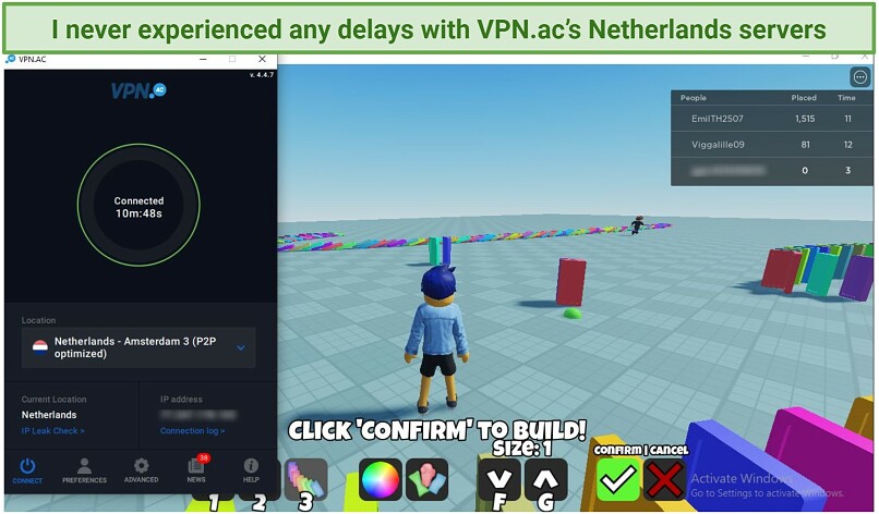 Screenshot of Robolox being played while connected to VPN.ac's Netherlands server