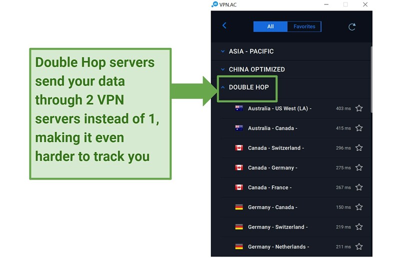 Screenshot of VPN.ac app highlighting the Double Hop server list