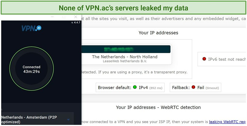 Screenshot of a successful test done on ipleak.net while connected to VPN.ac's Netherlands server
