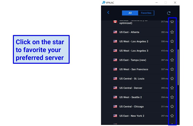 A screenshot of VPN.ac dashboard showing how to favorite a server