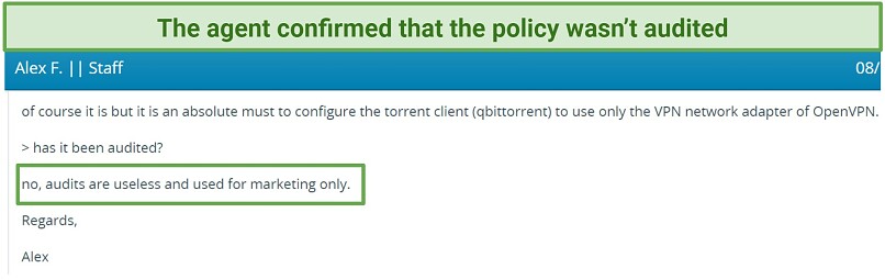 A snapshot of a response from VPN.ac agent confirming that it's not audited