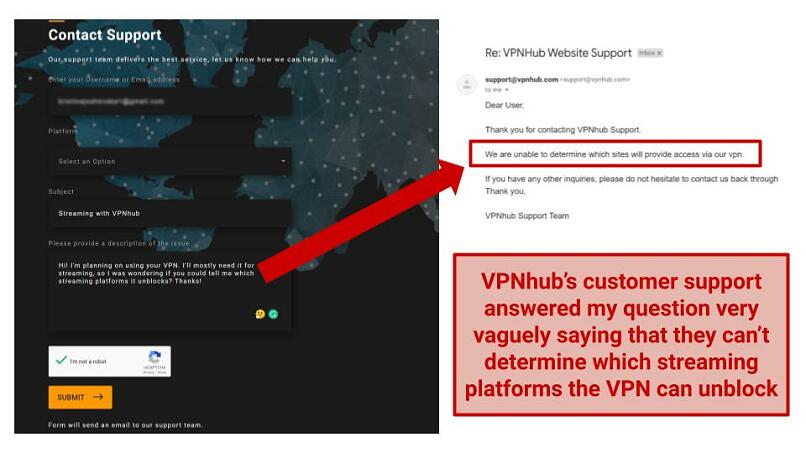 A screenshot of the answer I got from VPNhub's customer support about the streaming platforms the VPN can unblock
