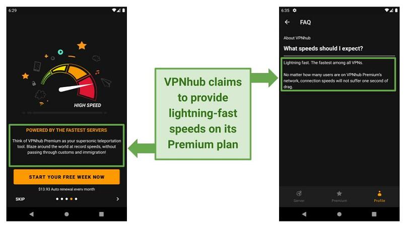 Screenshots from VPNhub's free Android app saying that it offers lightning-fast speeds on its Premium plan