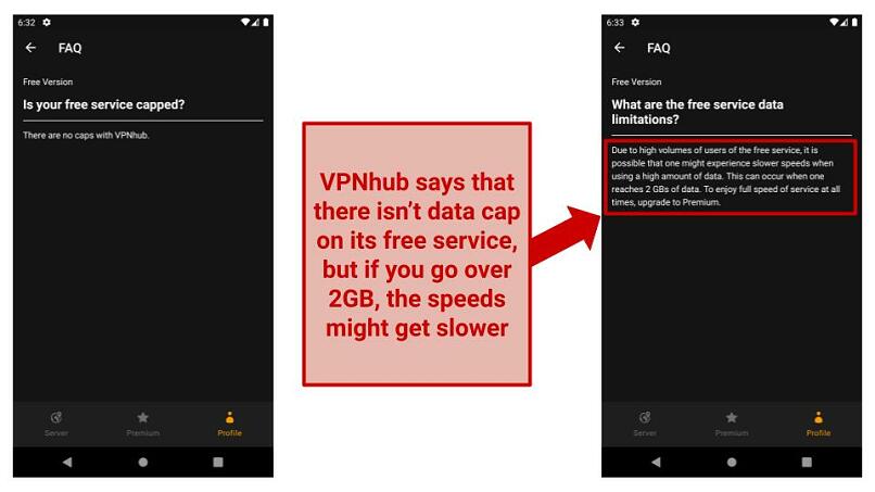 Screenshots of the FAQs on its free Android app about the speeds it offers and data cap on the free version