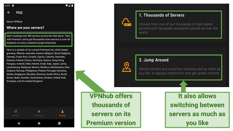 A screenshot of VPNhub's website + its free Android app about the number of servers it offers