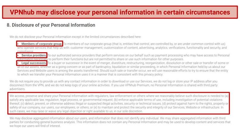 A screenshot of VPNhub's privacy policy related to disclosure of personal information