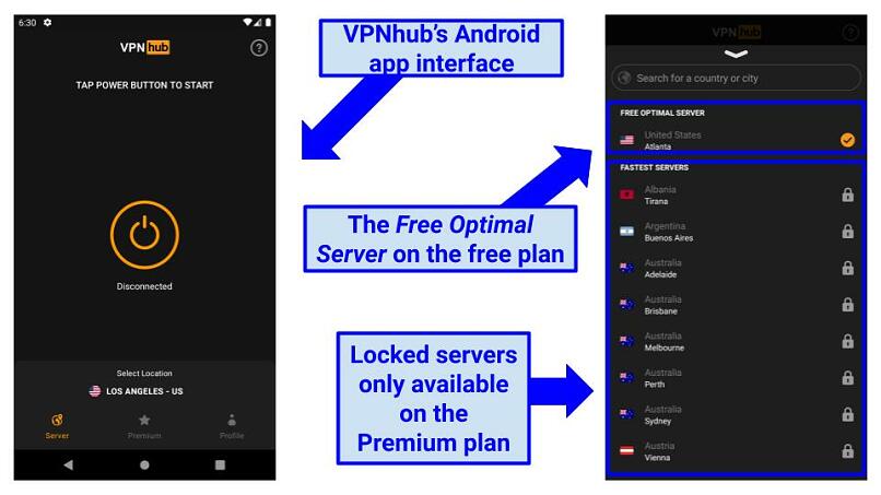Screenshots of VPNhub's Android app interface