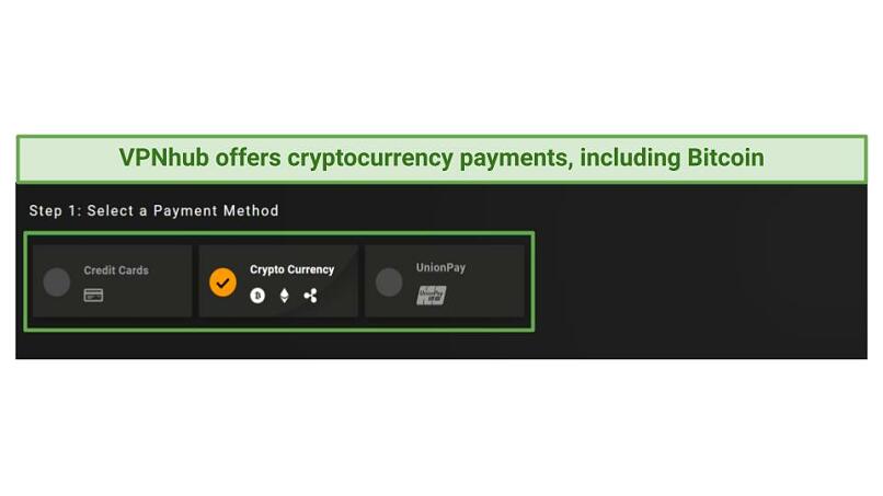 A screenshot of VPNhub's checkout page showing its payment methods