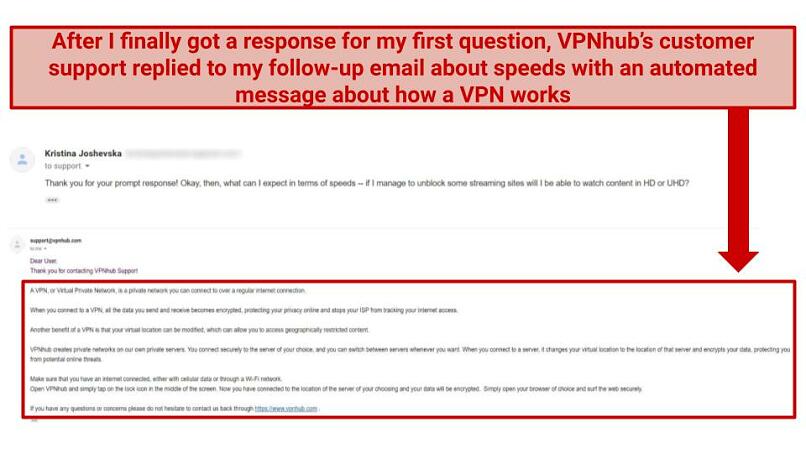 A screenshot of my email exchange with VPNhub's customer support