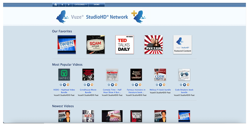 Capture d'écran montrant la page d'accueil du réseau Vuze Studiohd Network