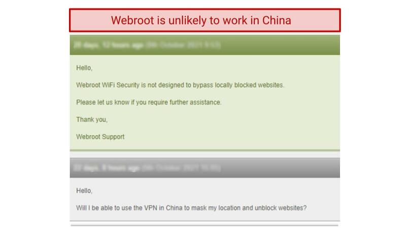 Screenshot of customer service's response regarding China query