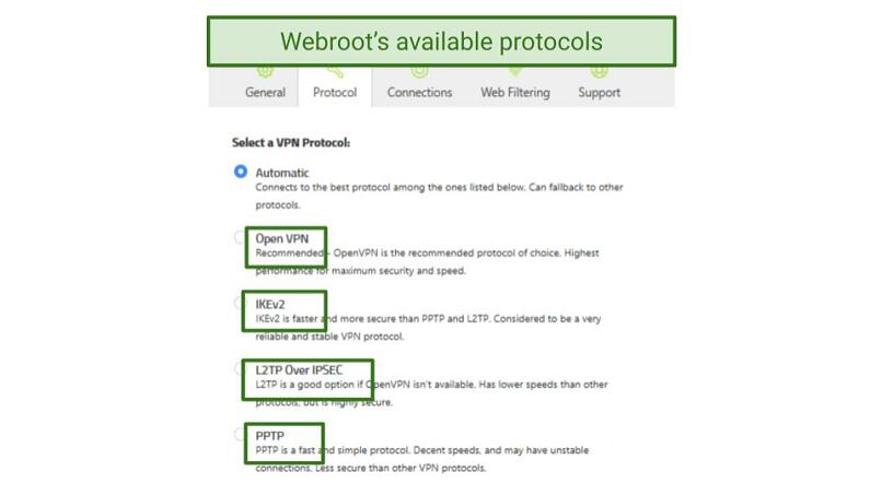 Screenshot of Webroot's protocols