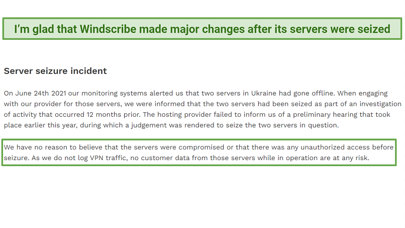Screenshot of a Windscribe blogpost where it states no customer data was captured by the Ukrainian government