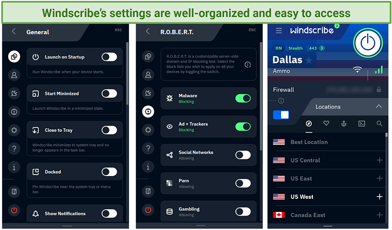 Screenshot of Windscribe's Windows app highlighting the tabs for the general settings and the R.O.B.E.R.T. feature
