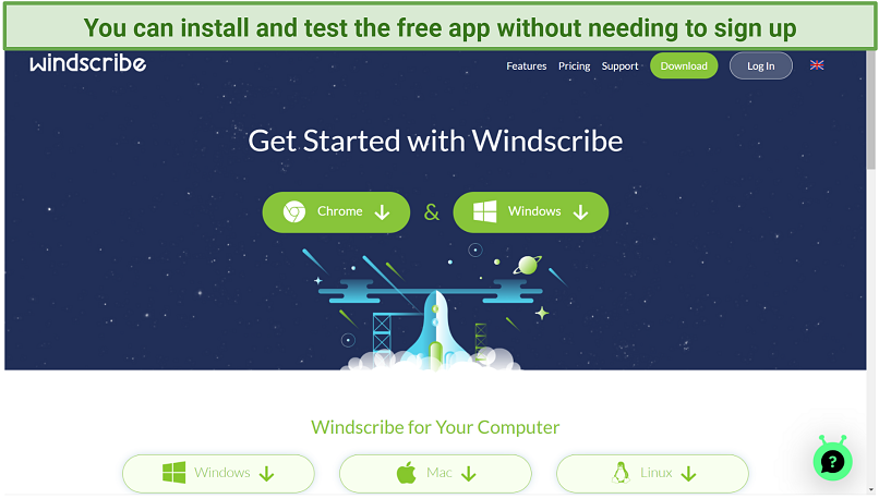 Screenshot of Windscribe's download page from its website highlighting installation files for Windows, Mac, Linux, and Chrome