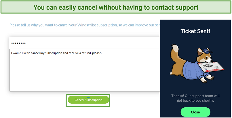 Screenshot of the cancellation page you can access through your Windscribe account