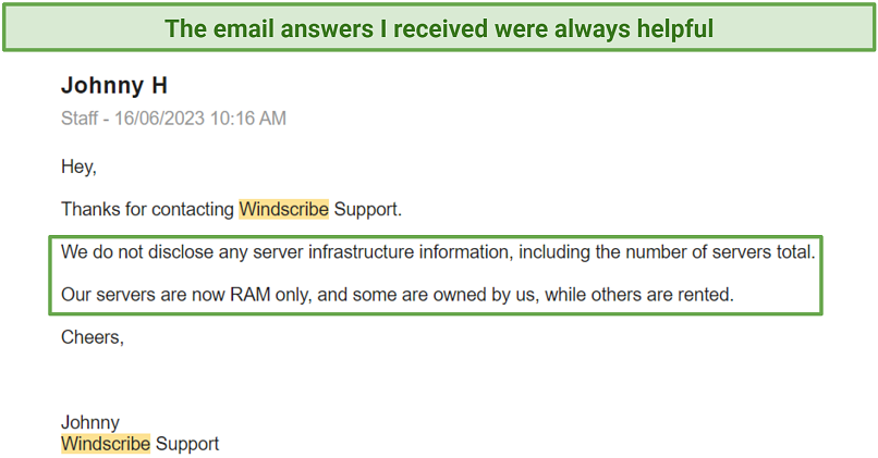 Screenshot of an email response from Windscribe support with information on its servers