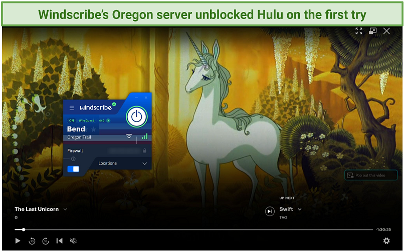 Στιγμιότυπο οθόνης του Hulu Player που ρέει τον τελευταίο Unicorn ενώ συνδέεται με το Windscribe