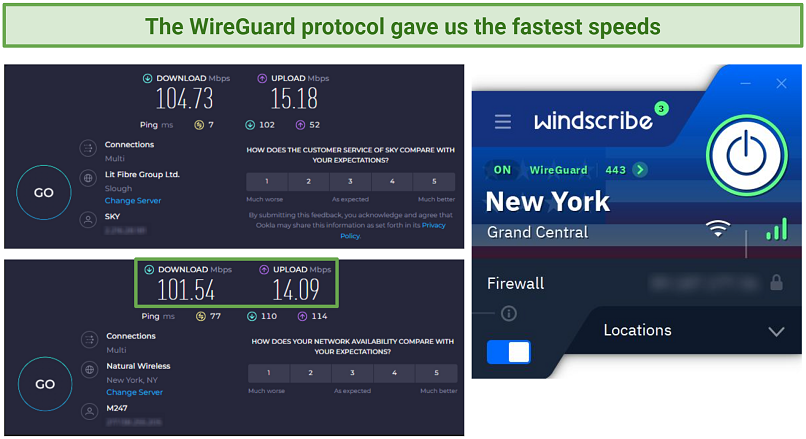 Στιγμιότυπο οθόνης των δοκιμών ταχύτητας Ookla που γίνονται χωρίς συνδεδεμένο με VPN και ενώ συνδέονται με το Windscribe