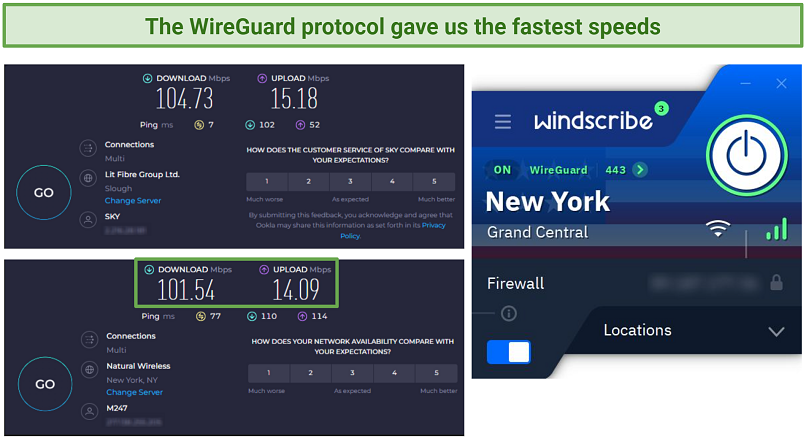 Capteur d'écran des tests de vitesse Ookla effectués sans VPN connecté et bien connecté à Windscribe