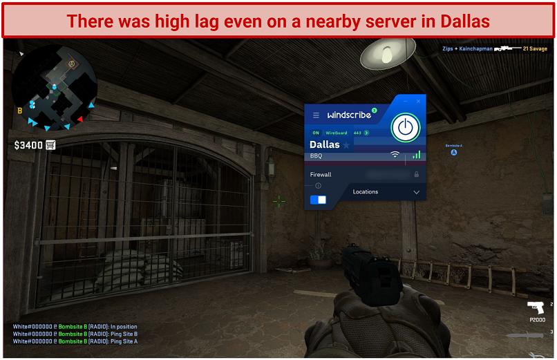 Screenshot of Steam running Counter-Strike: Global Offensive while connected to Windscribe's Dallas BBQ server