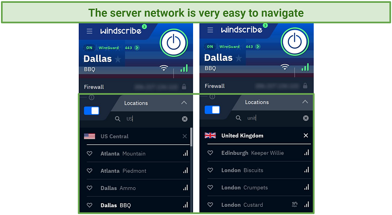 Screenshot of Windscribe's Windows app highlighting the server network and its search function