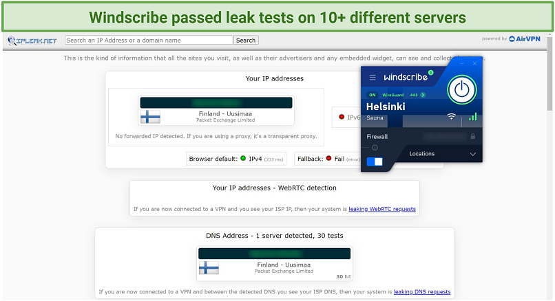 Screenshot of leak test done on ipleak.net while connected to Windscribe's Helsinki Sauna server