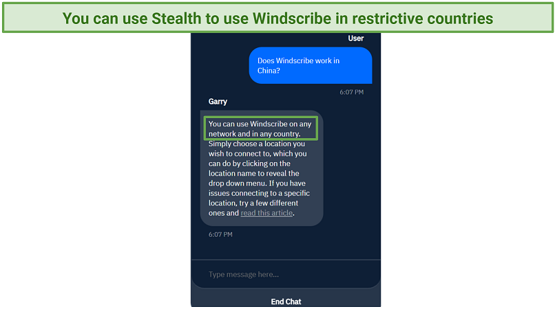 Capture d'écran d'une conversation avec le support de Windscribe qui a confirmé qu'il fonctionne en Chine