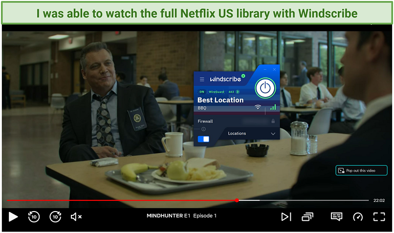 Screenshot of Netflix player streaming Mindhunter while connected to Windscribe's Dallas BBQ server
