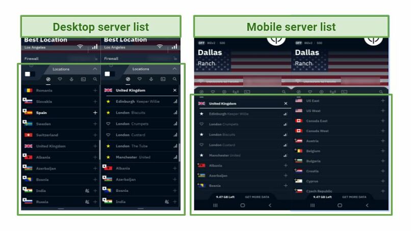 Screenshots of server lists on Windscribe's desktop and Android Apps