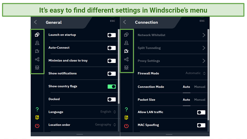 Screenshot of general and connection settings windows in the Windscribe Windows app