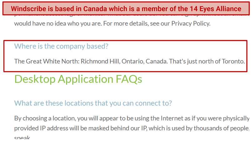 A picture showing the Windscribe FAQ section