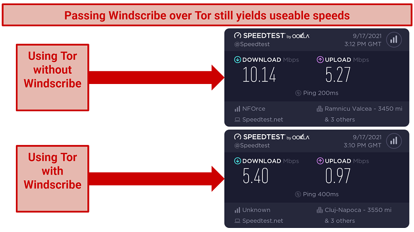 A screenshot showing how Windscribe performs once paired with Tor