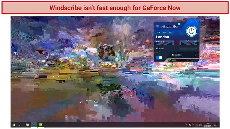 A picture showing a pixelated image of a game running on GeForce Now through Windscribe