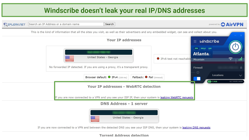 A screenshot showing how Windscribe managed to pass an IP leak test successfully