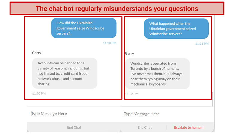 Screenshot of chat screen with Windscribe's chatbot support
