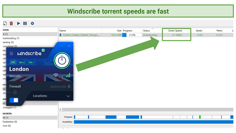 A picture showing the Windscribe's fast torrent speeds