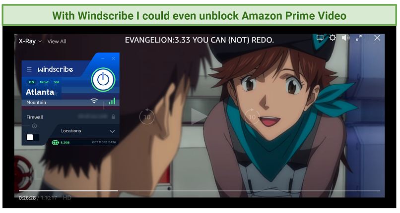 A picture showing how Windscribe successfully unblocks Amazon Prime Video
