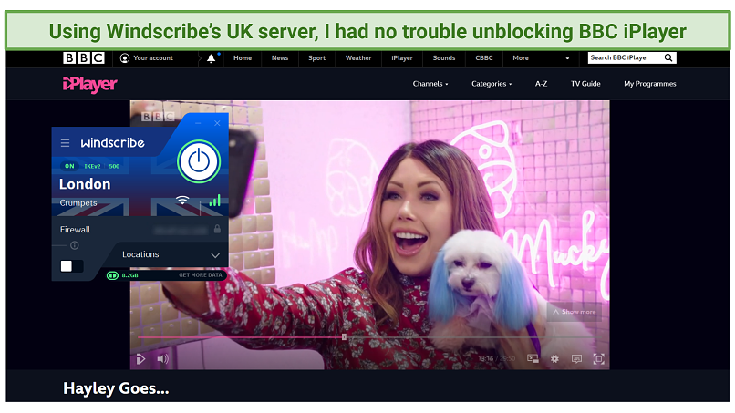 A picture showing how Windscribe successfully unblocks BBC iPlayer