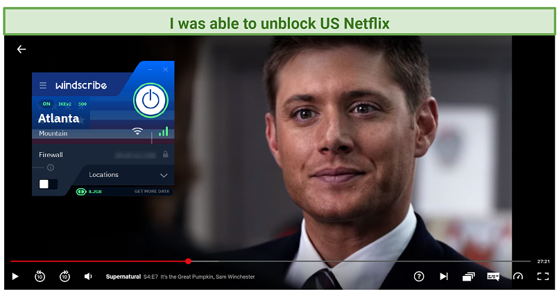 A picture showing how Windscribe successfully unblocks US Netflix